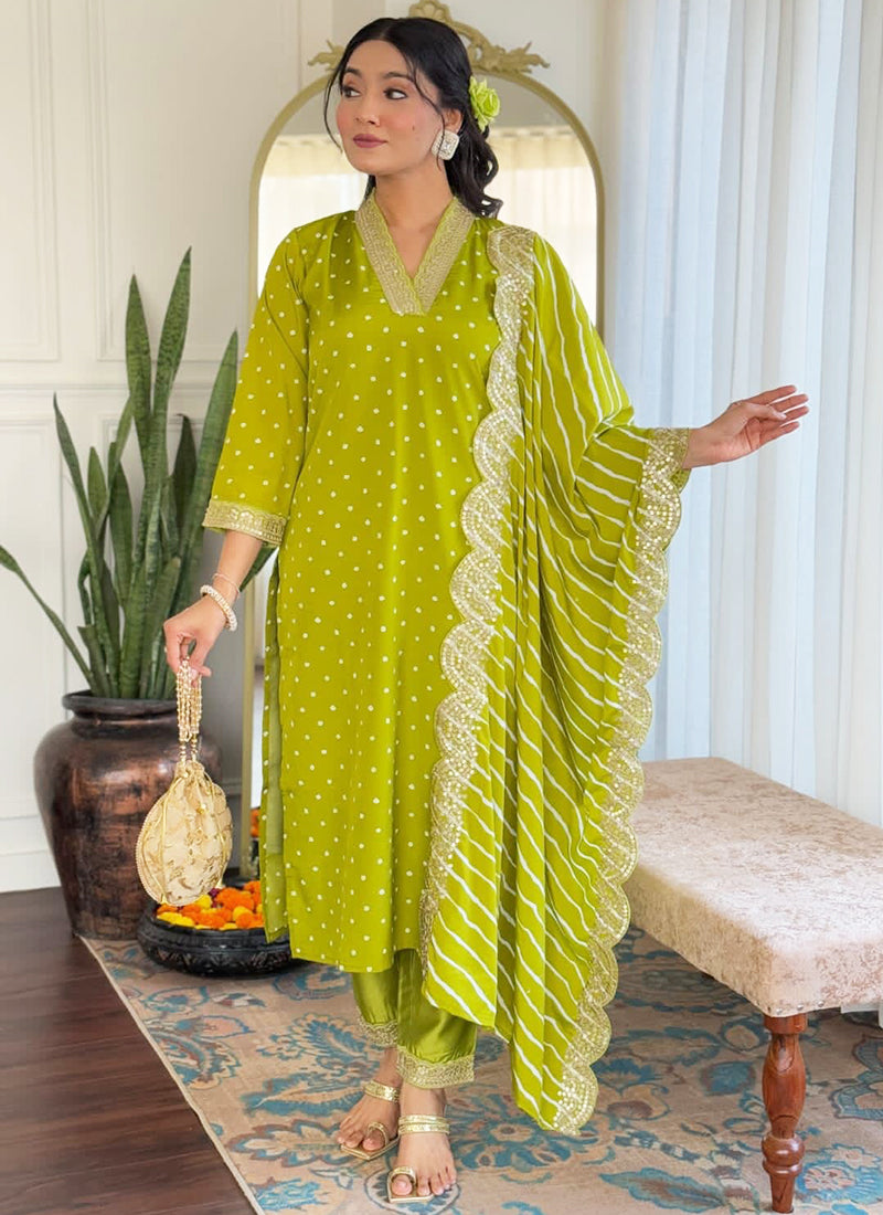 Muslin Silk Pista Green Traditional Wear Embroidery Work Readymade Straight Suit