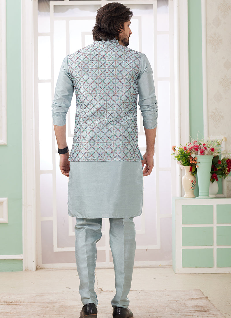 Art Silk Powder Blue Wedding Wear Plain Readymade Kurta Pajama With Jacket