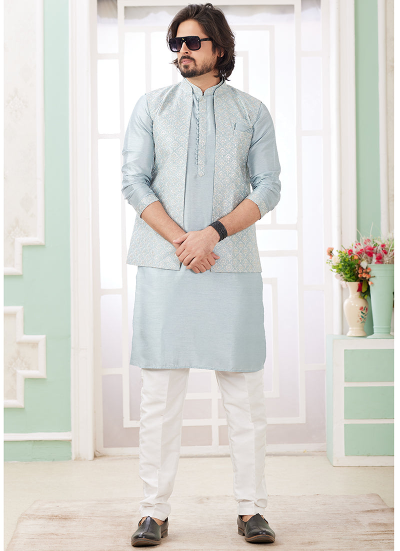 Art Silk Powder Blue Wedding Wear Plain Readymade Kurta Pajama With Jacket