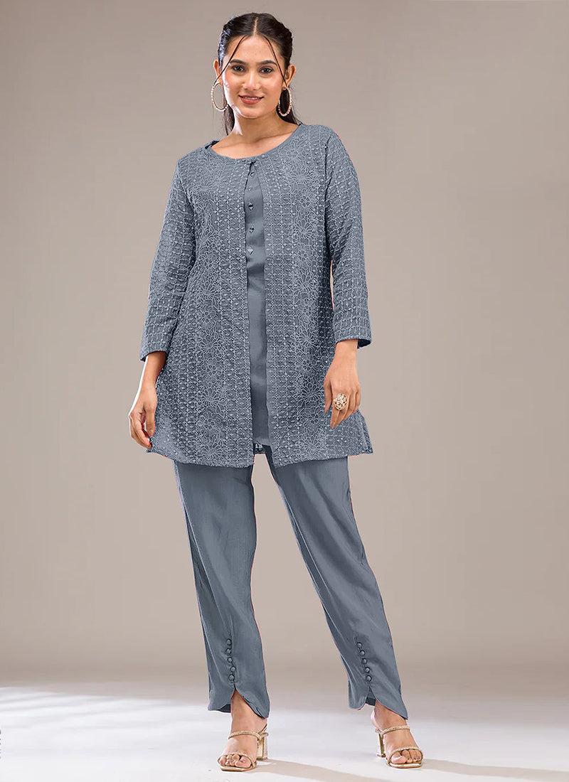 Faux Georgette Powder Blue Casual Wear Embroidery Work Readymade Designer Kurti 388700