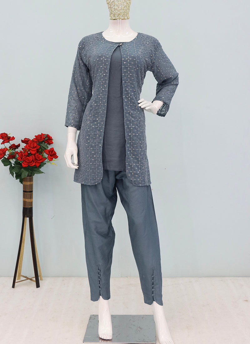 Faux Georgette Powder Blue Casual Wear Embroidery Work Readymade Designer Kurti 388700