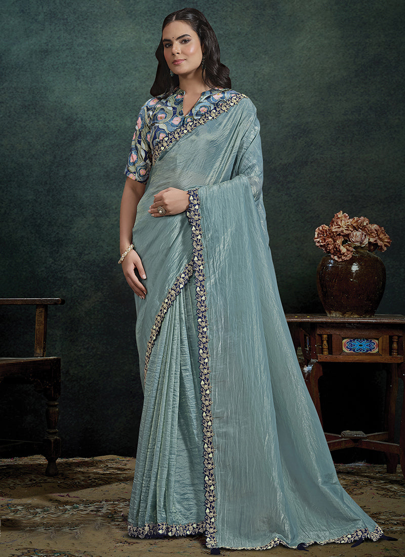 Paper Silk Powder Blue Party Wear Handwork Parties Saree 389028