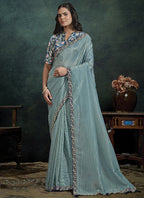 Paper Silk Powder Blue Party Wear Handwork Parties Saree 389028