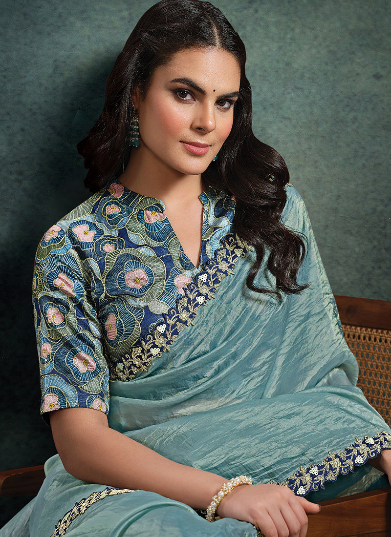 Paper Silk Powder Blue Party Wear Handwork Parties Saree 389028
