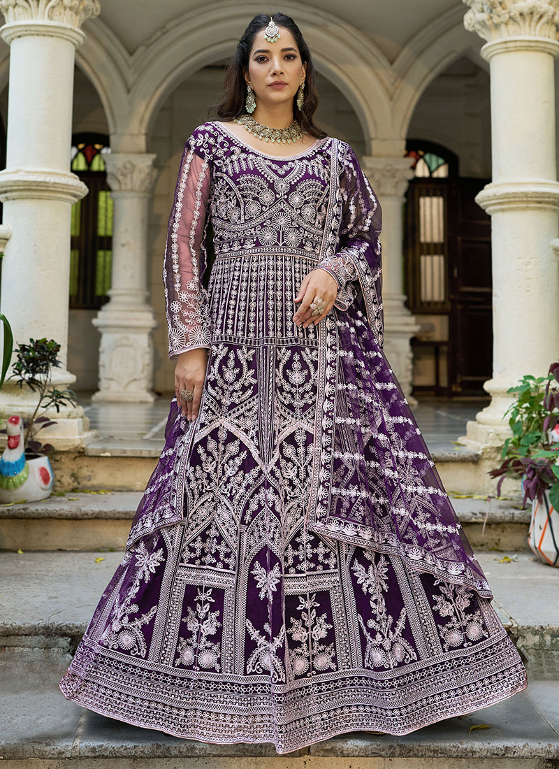 Purple Butterfly Net Embroidery Work Wedding Wear Readymade Anarkali Suit SW438230