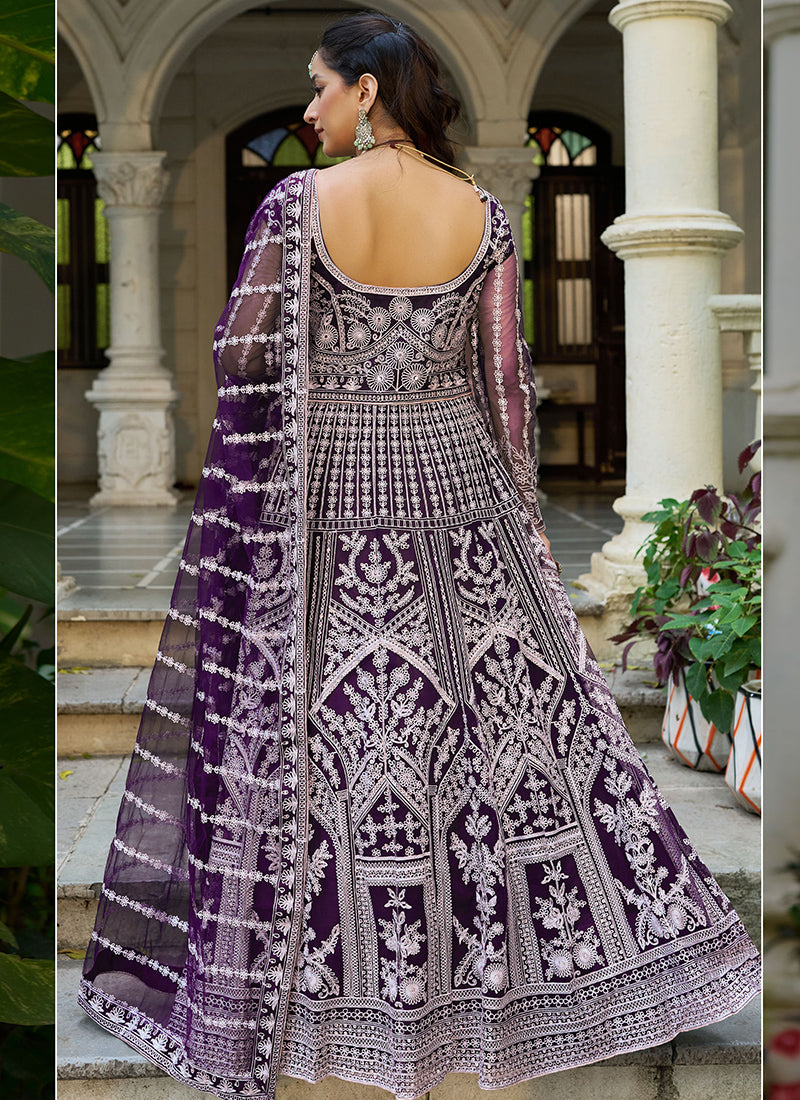 Purple Butterfly Net Embroidery Work Wedding Wear Readymade Anarkali Suit SW438230