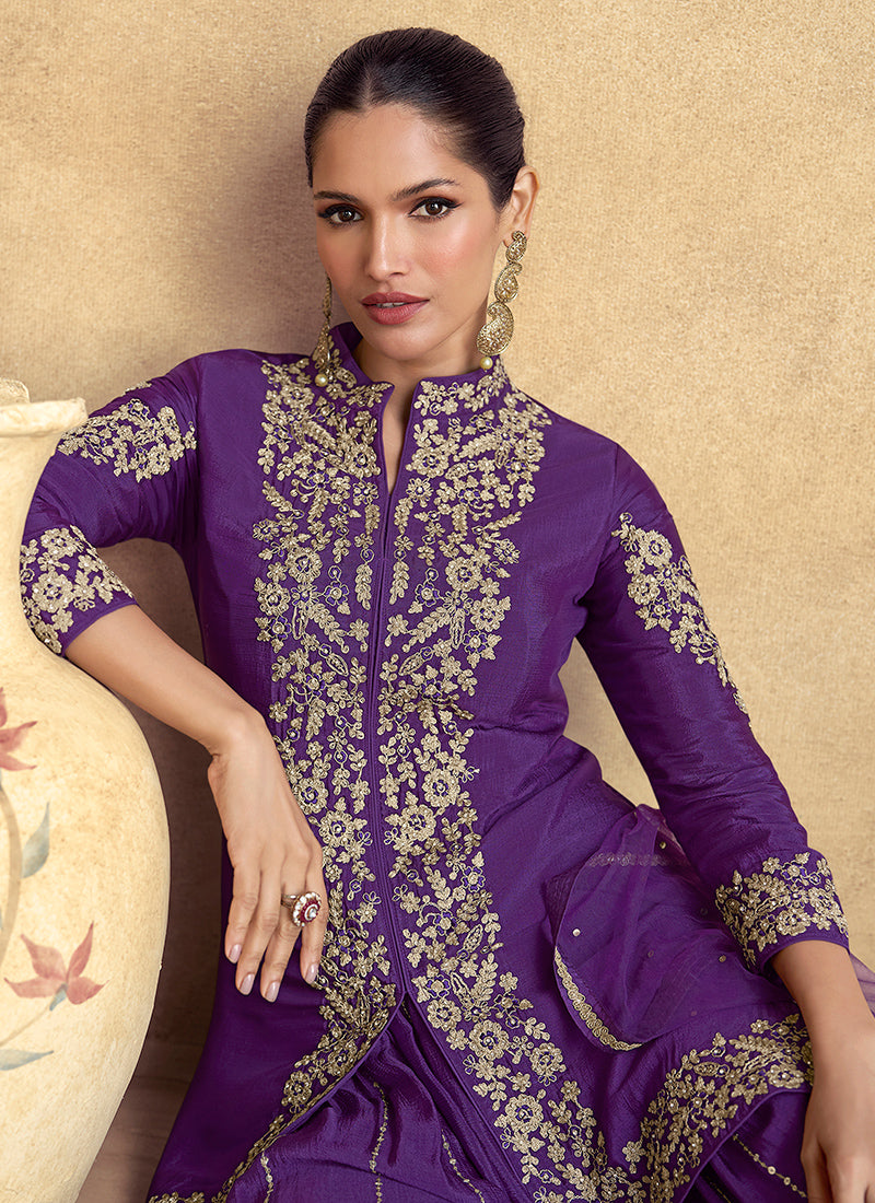 Chinnon Silk Purple Ceremonial Wear Embroidery Work Readymade Plazzo Suit