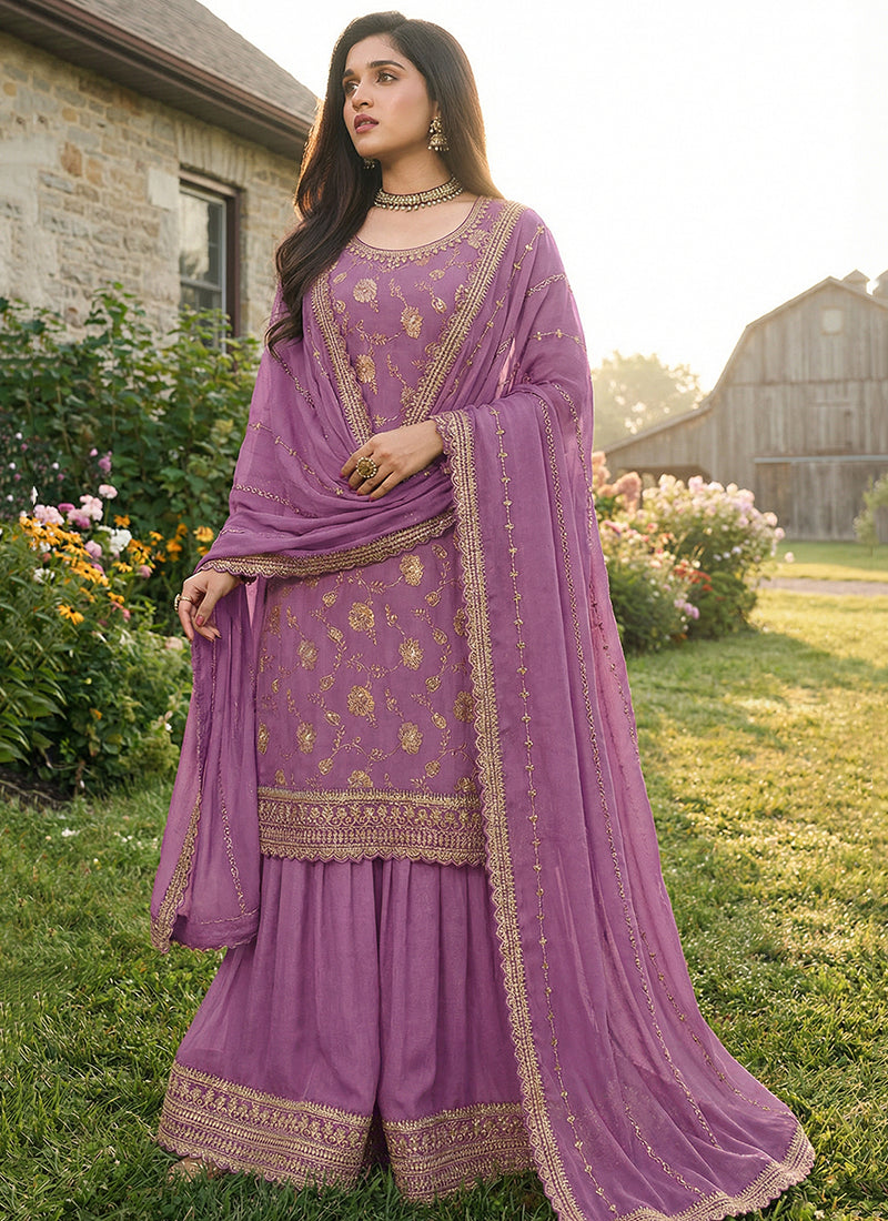 Purple Chinon Embroidery Work Festival Wear Readymade Plazzo Suit SW713319