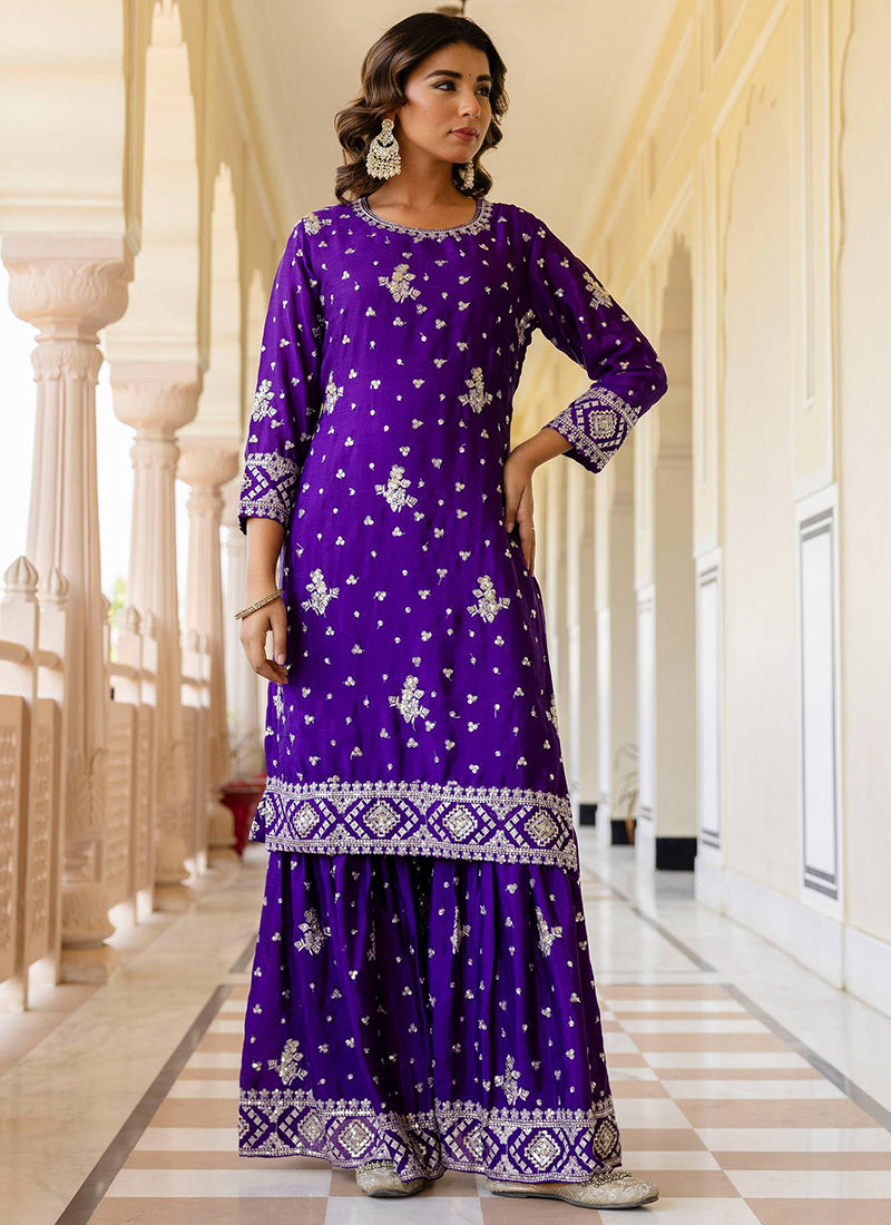 Chinon Silk Purple Festival Wear Sequins Work Readymade Sharara Suit