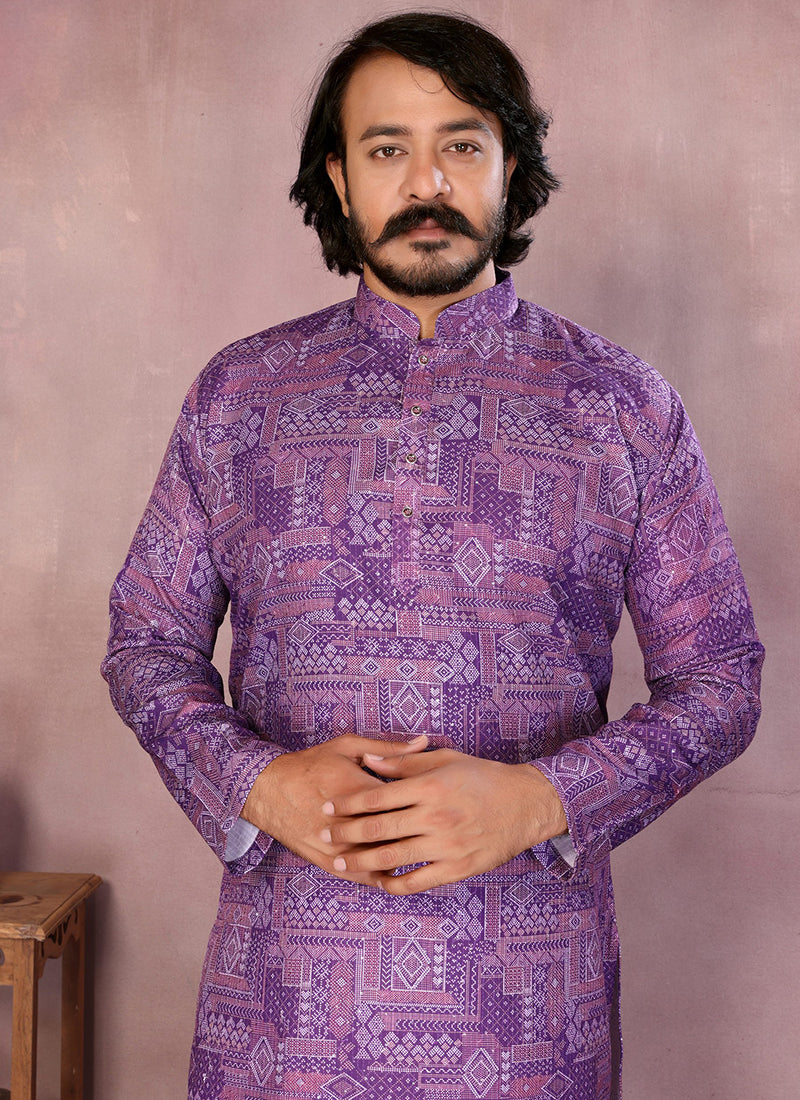 Cotton Purple Festival Wear Printed Work Readymade Kurta Pajama