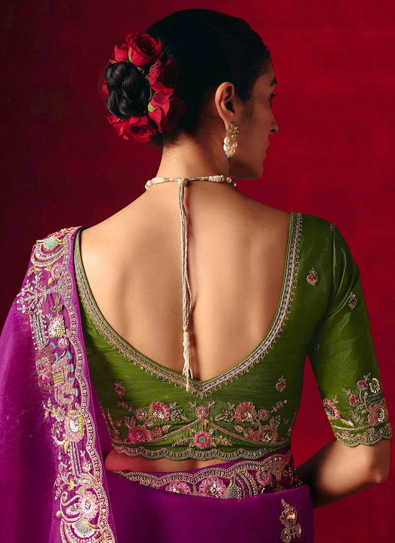 Fancy Silk Purple Wedding Wear Embroidery Work Wedding Saree 388693