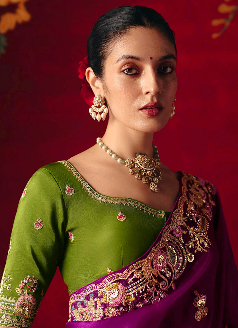 Fancy Silk Purple Wedding Wear Embroidery Work Wedding Saree 388693