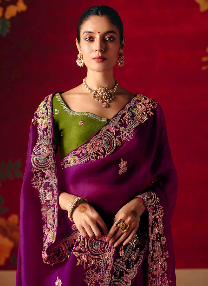 Fancy Silk Purple Wedding Wear Embroidery Work Wedding Saree 388693