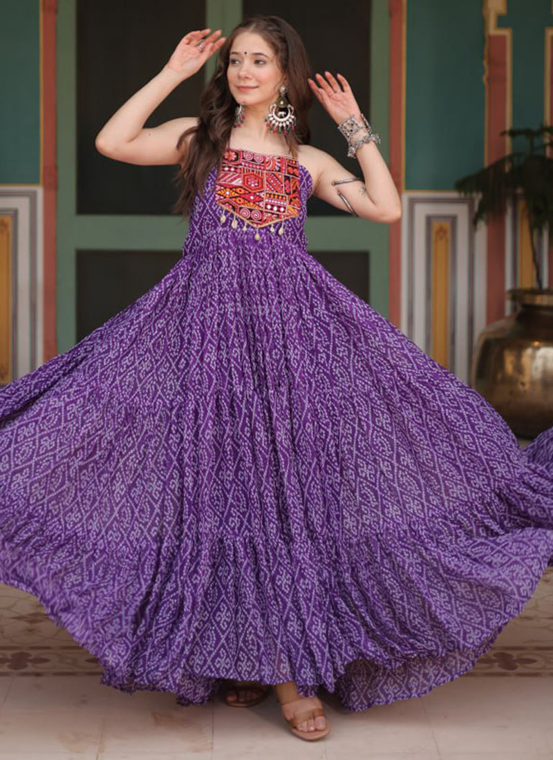 Faux Georgette Purple Party Wear Printed Work Readymade Gown