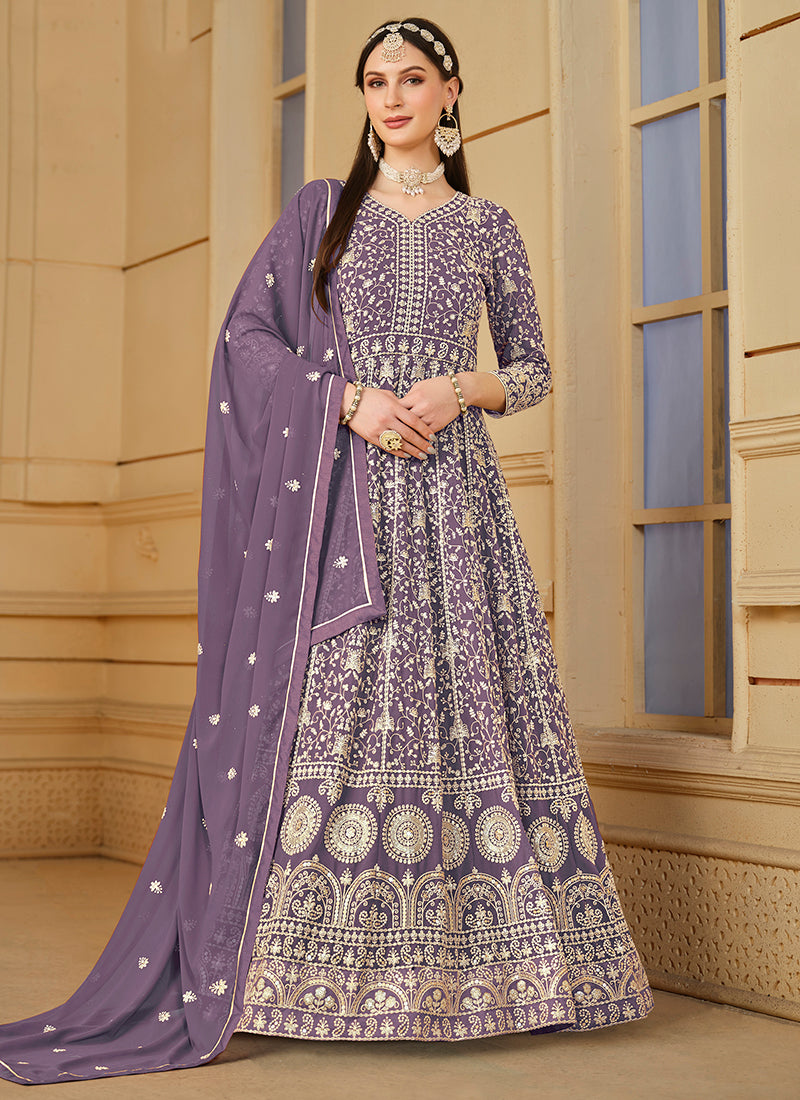 Faux Georgette Purple Wedding Wear Embroidery Work Anarkali Suit