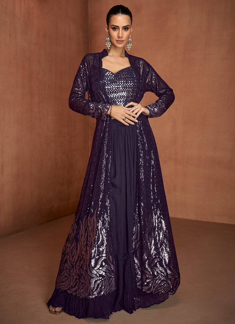 Purple Georgette Sequins Work  Party Wear Readymade Designer Suit SW641559