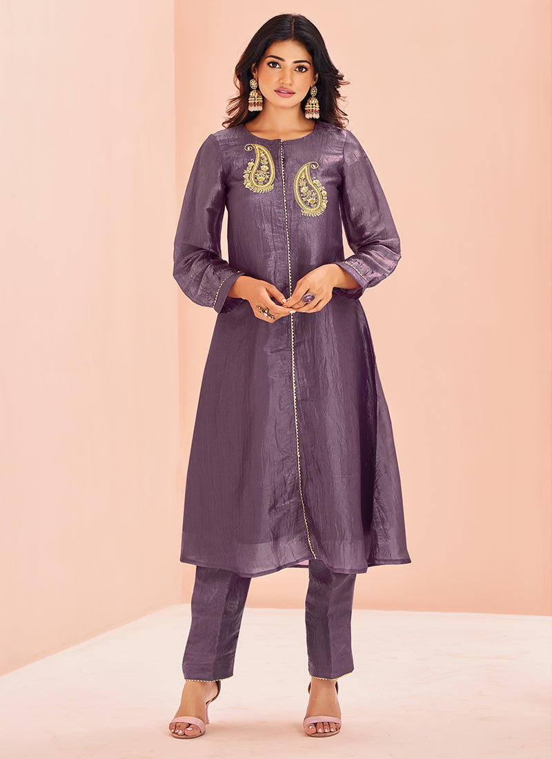 Organza Purple Party Wear Hand Work Readymade Kurti With Pant