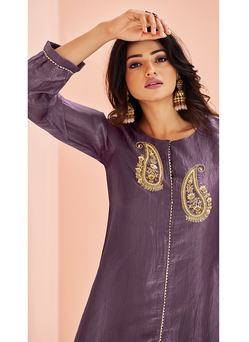 Organza Purple Party Wear Hand Work Readymade Kurti With Pant