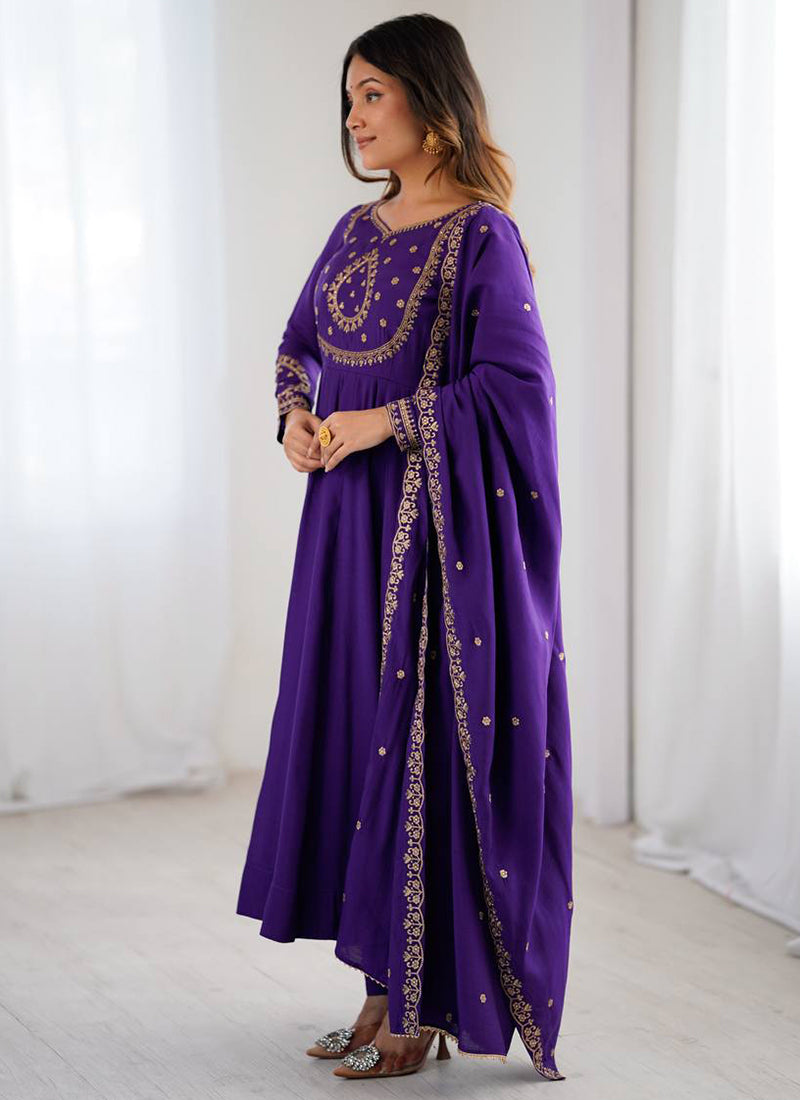 Roman Chanderi Silk Purple Casual Wear Embroidery Work Readymade Anarkali Suit 388644