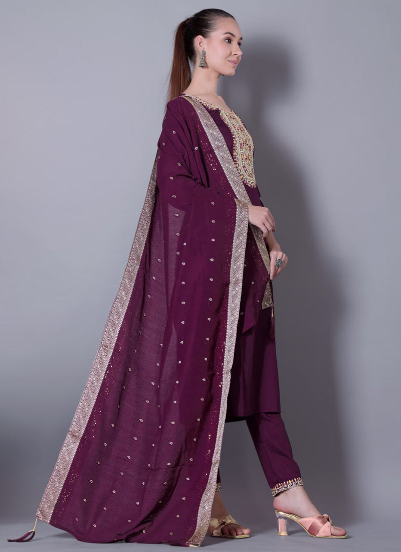 Silk Blend  Purple Casual Wear Embroidery Work Readymade Kurti Set