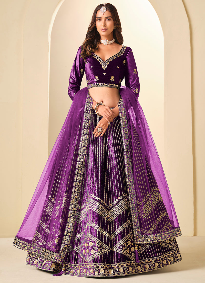 Velvet Purple Wedding Wear Sequins Work Lehenga Choli
