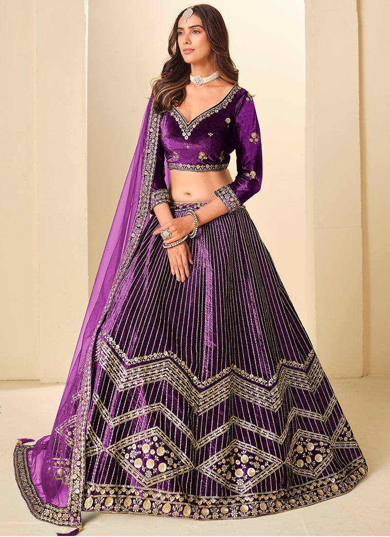 Velvet Purple Wedding Wear Sequins Work Lehenga Choli