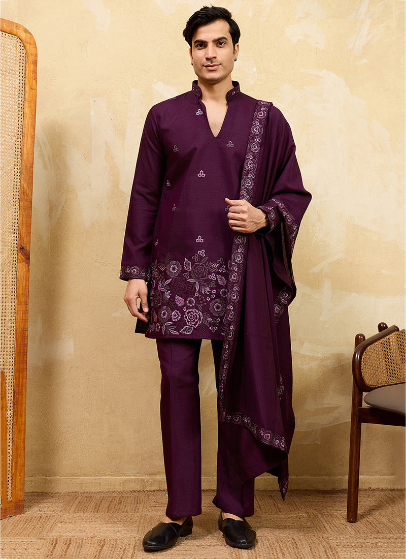 Purple Vichitra Silk Embroidery Work Occasional Wear Readymade Kurta With Dupatta SW478226