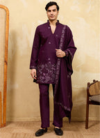 Purple Vichitra Silk Embroidery Work Occasional Wear Readymade Kurta With Dupatta SW478226