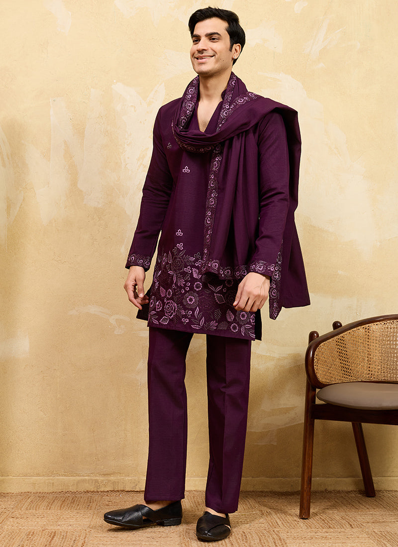 Purple Vichitra Silk Embroidery Work Occasional Wear Readymade Kurta With Dupatta SW478226
