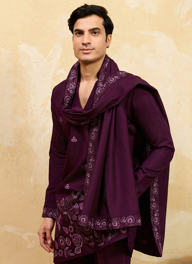 Purple Vichitra Silk Embroidery Work Occasional Wear Readymade Kurta With Dupatta SW478226