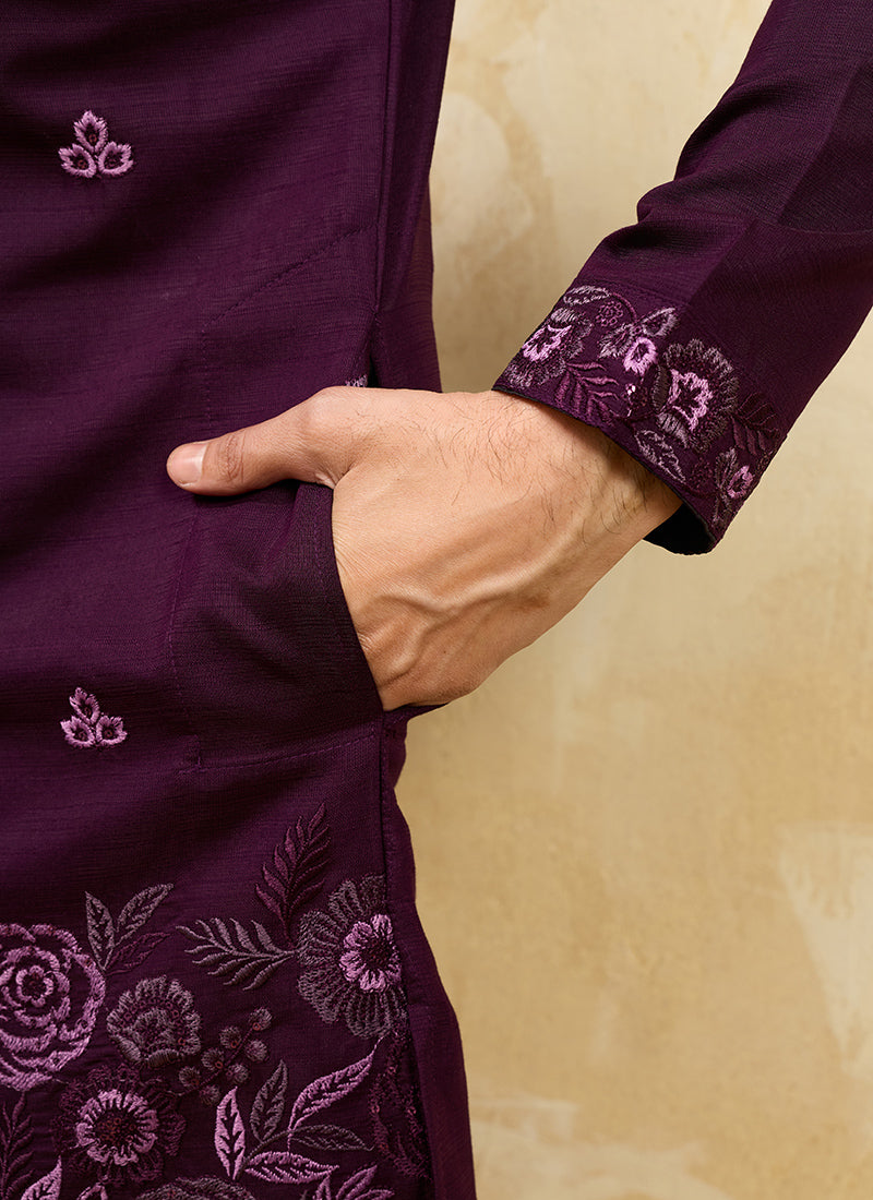 Purple Vichitra Silk Embroidery Work Occasional Wear Readymade Kurta With Dupatta SW478226