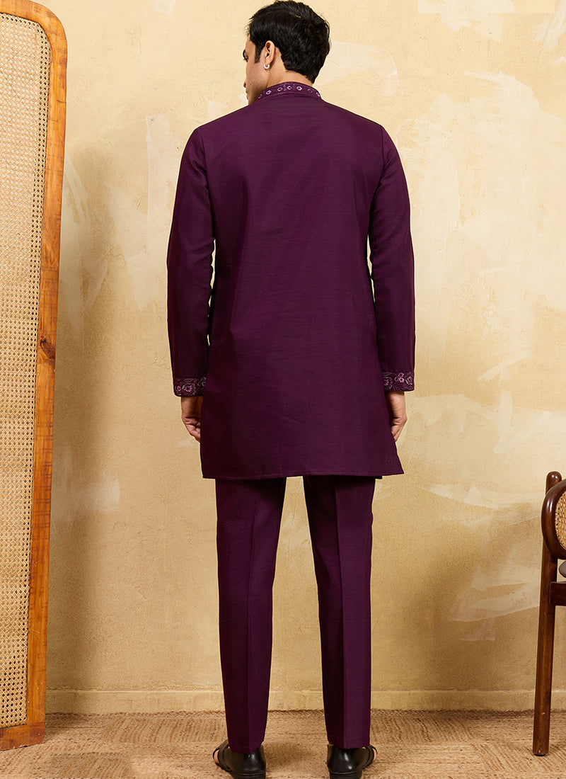 Purple Vichitra Silk Embroidery Work Occasional Wear Readymade Kurta With Dupatta SW478226