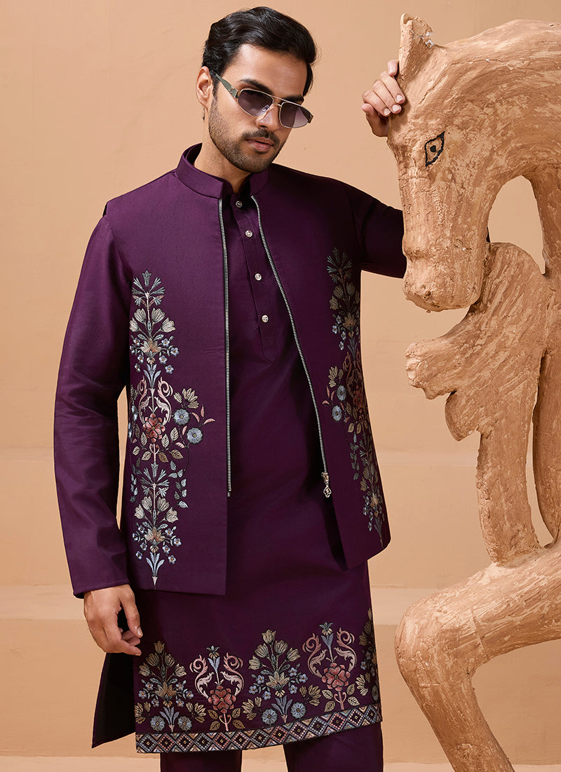 Viscose Silk Purple Festival Wear Sequin Embroidery Work Readymade Modi Jacket Kurta Pajama