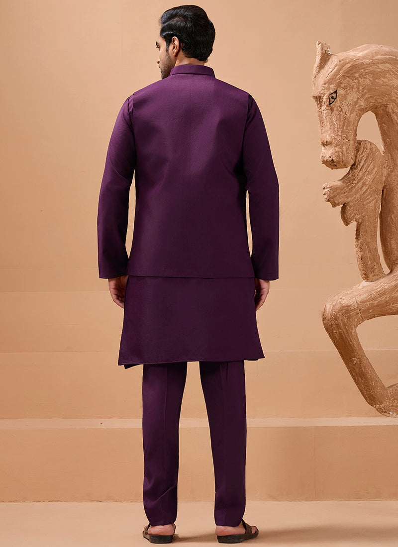 Viscose Silk Purple Festival Wear Sequin Embroidery Work Readymade Modi Jacket Kurta Pajama