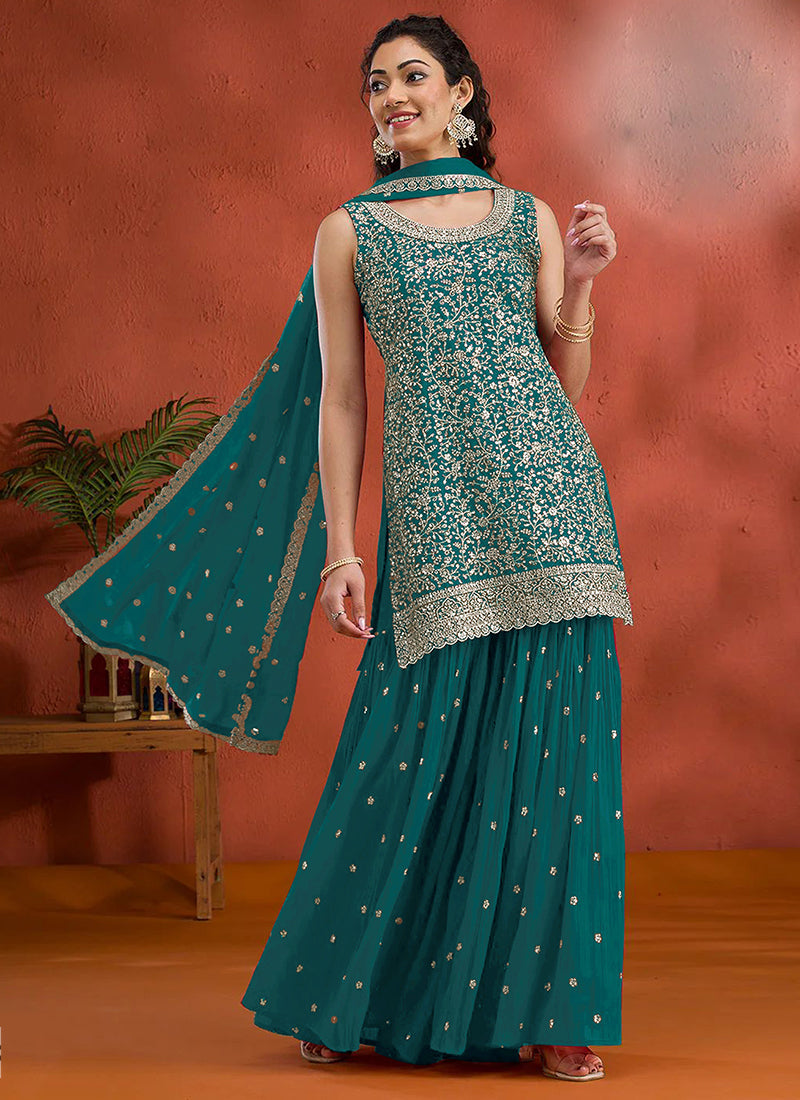 Blooming Georgette Rama Party Wear Heavy Embroidery Work Gharara Suit