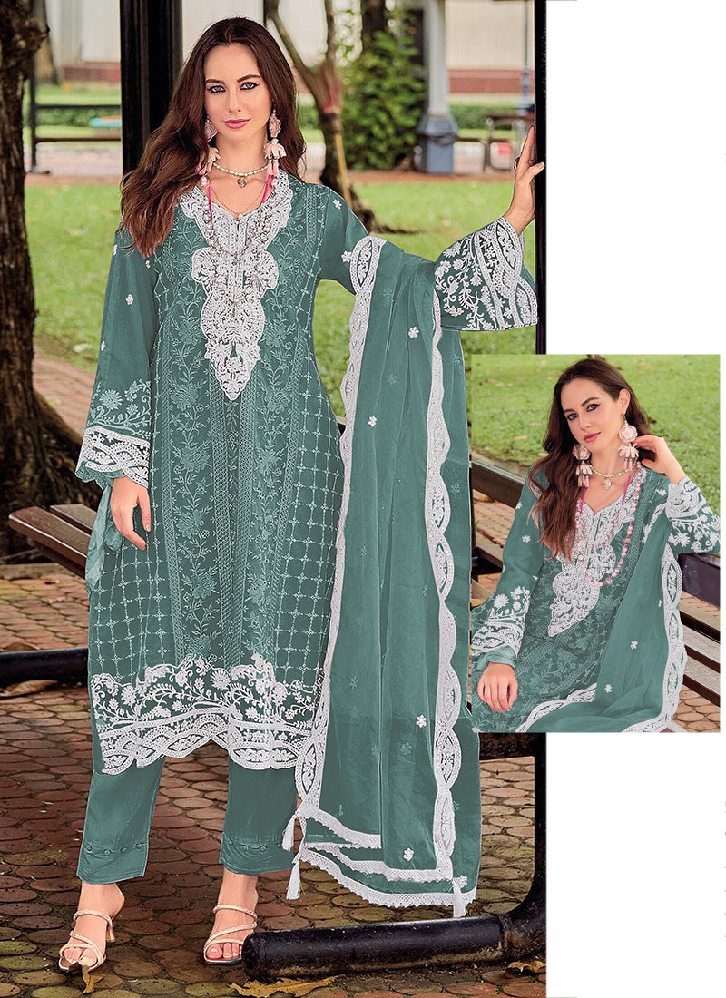 Crunchy Rama Green Eid Wear Embroidery Work Pakistani Suit 388718