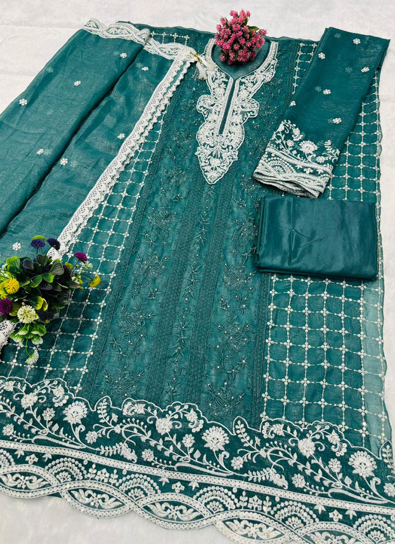 Crunchy Rama Green Eid Wear Embroidery Work Pakistani Suit 388718