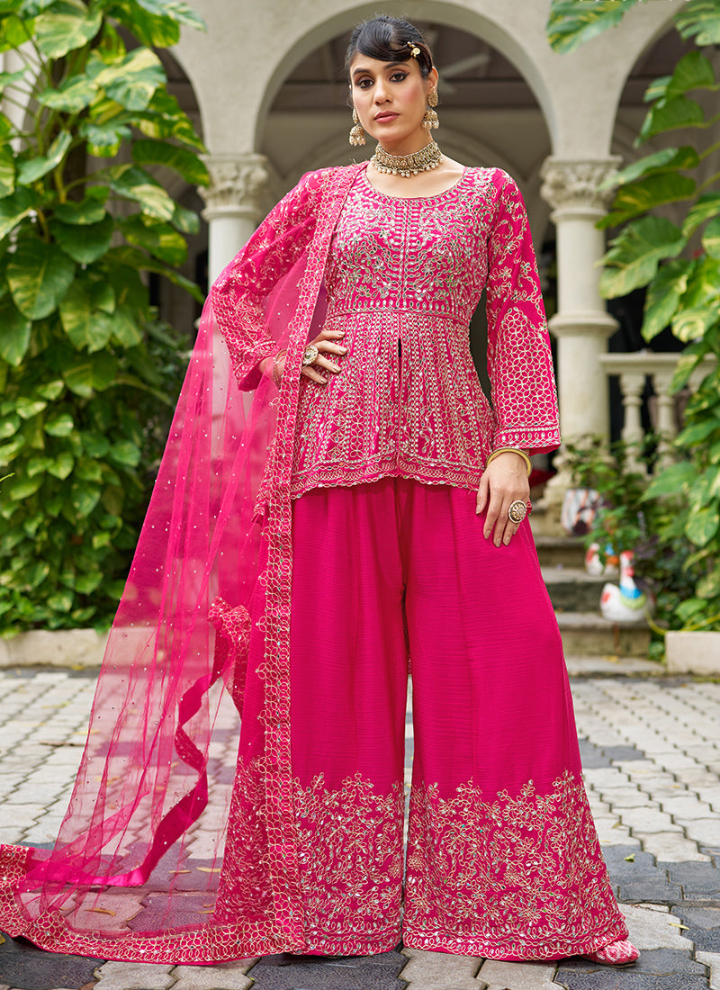 Rani Pink Chinon Mirror Work Party Wear Readymade Plazzo Suit SW124466