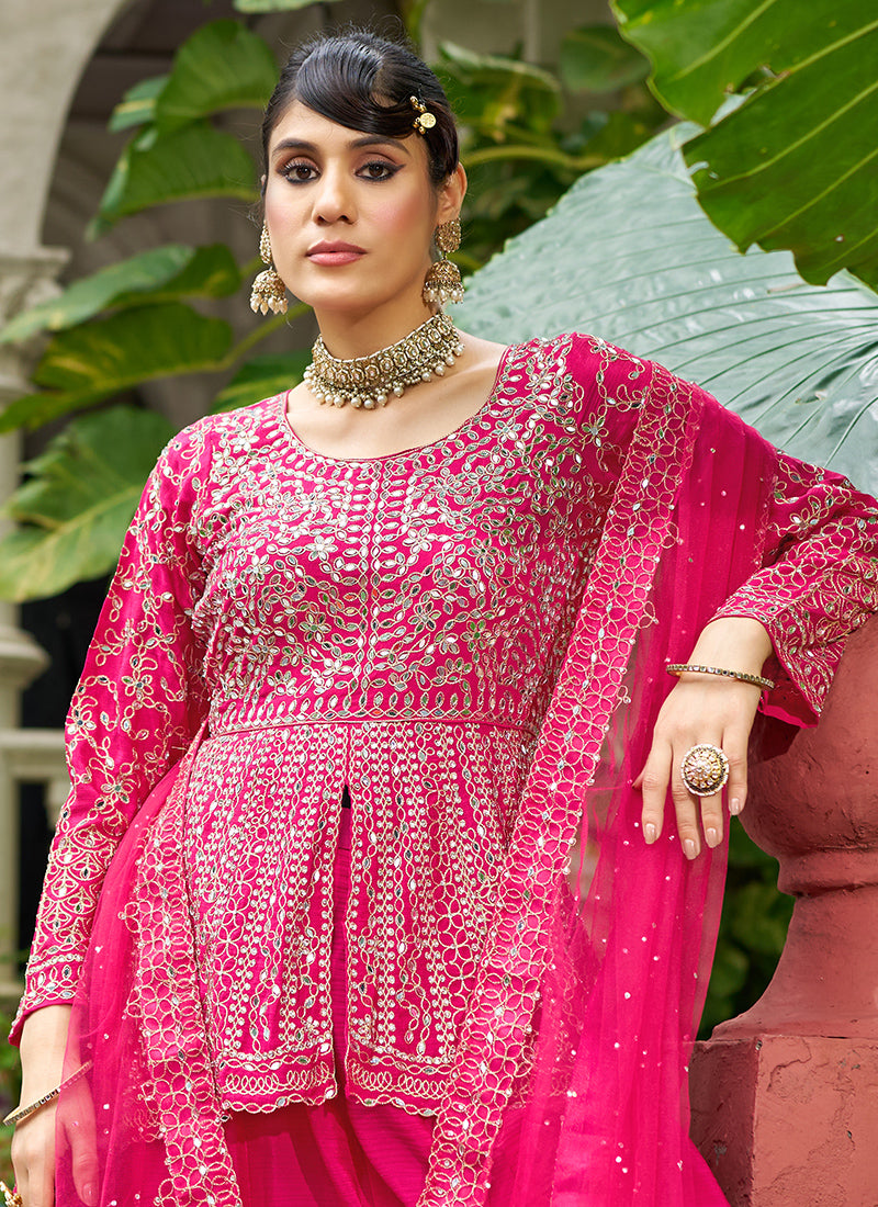 Rani Pink Chinon Mirror Work Party Wear Readymade Plazzo Suit SW124466