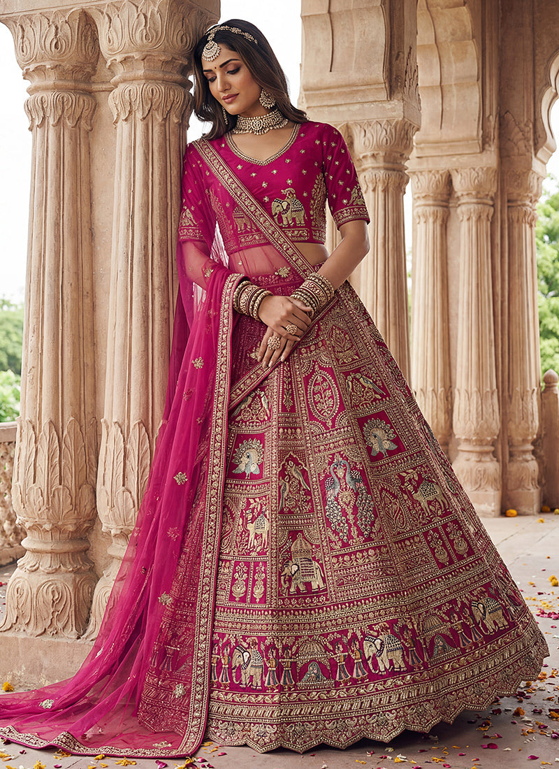 Rani Pink Gadhwal Silk Embroidery Work Wedding Wear Lehenga Choli SW746994