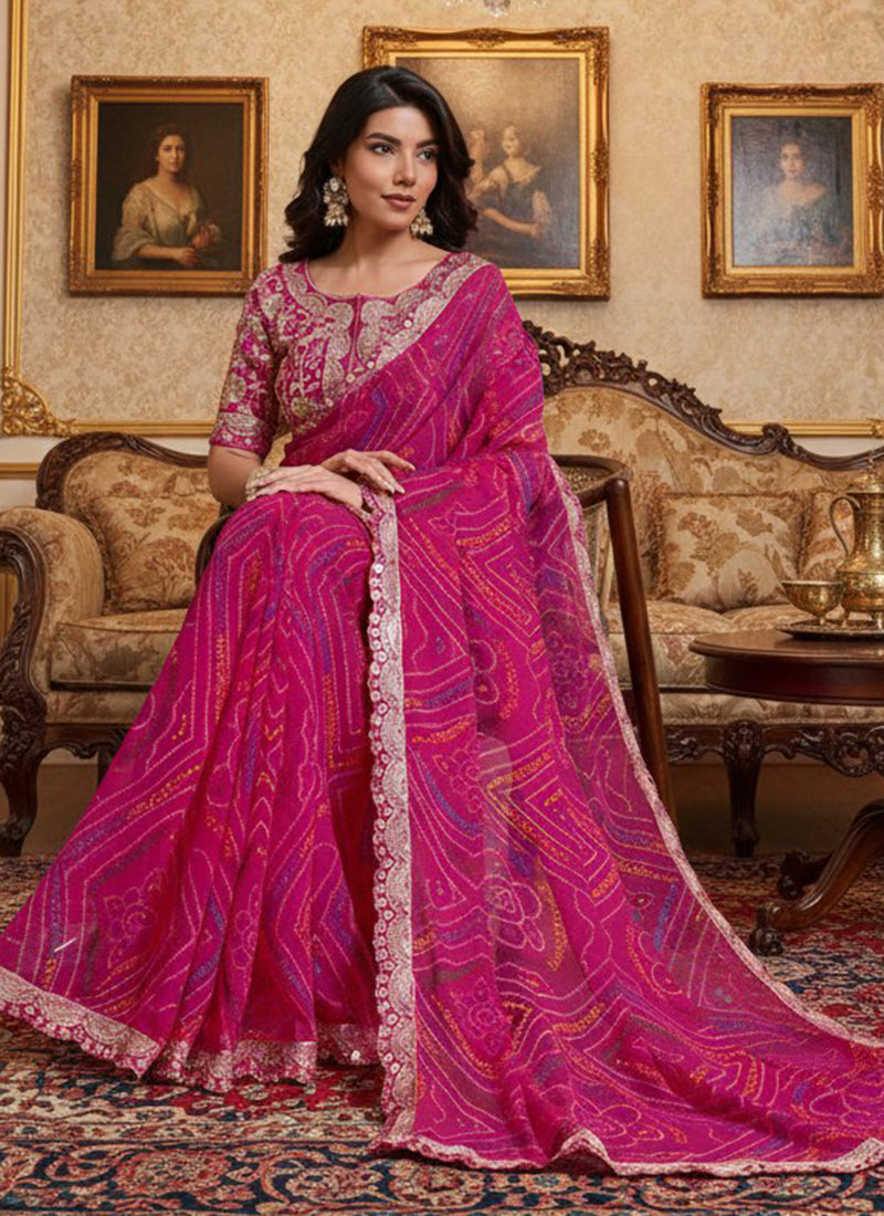 Georgette Rani Pink Festival Wear Bhandhani Print Work Saree 388752