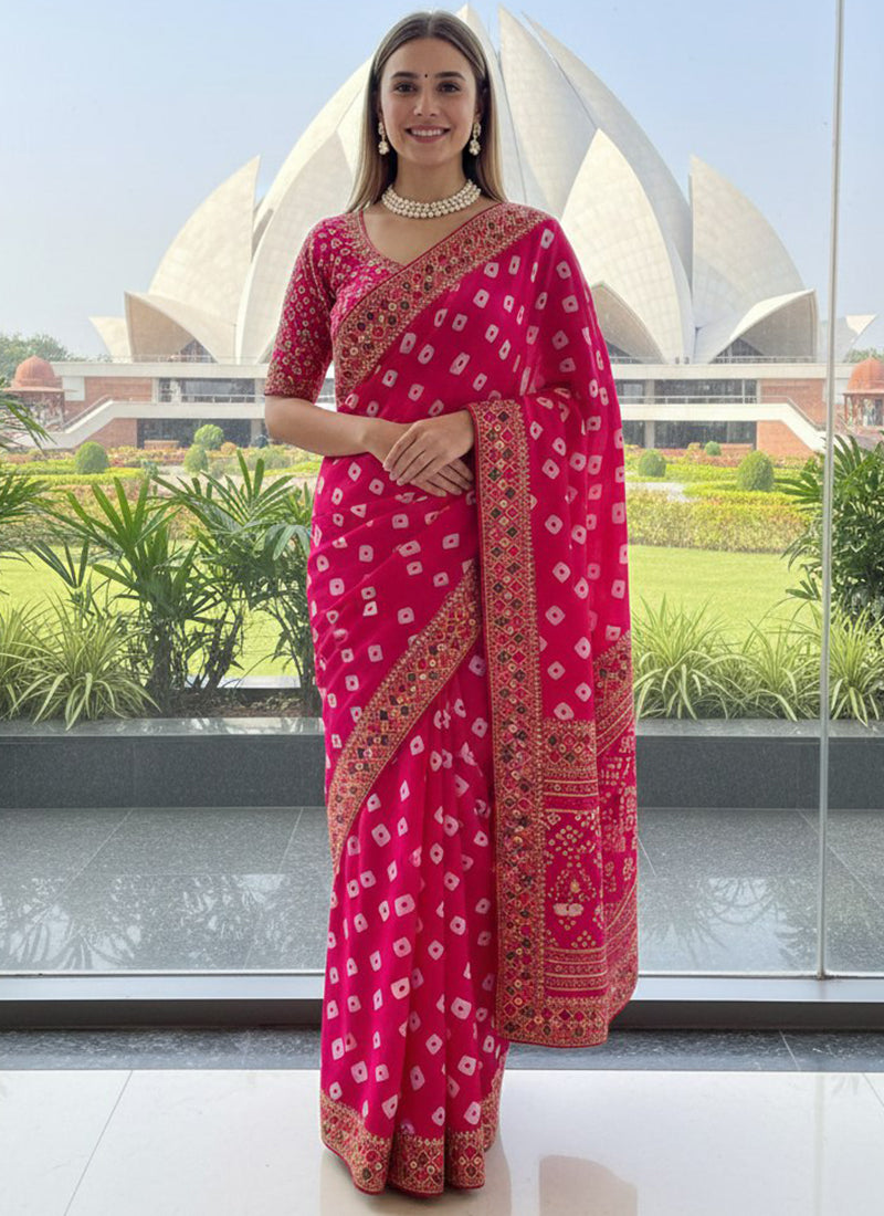 Georgette Rani Pink Festival Wear Printed Work Saree