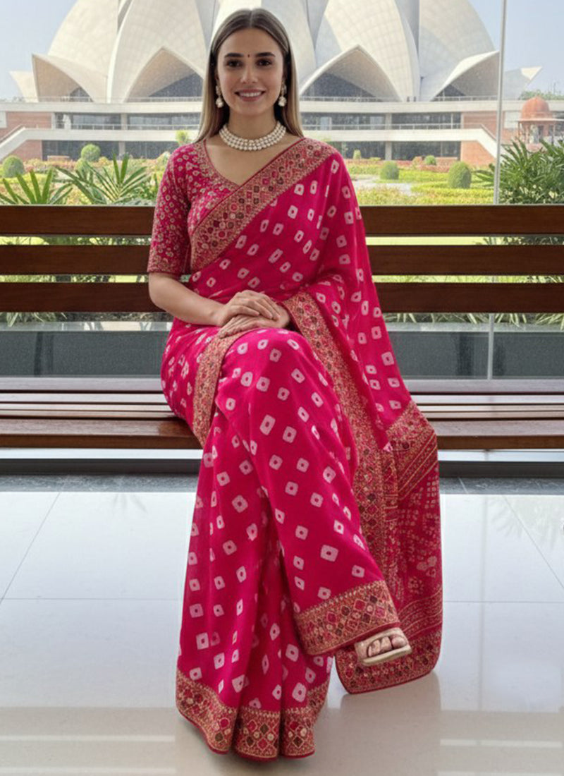 Georgette Rani Pink Festival Wear Printed Work Saree