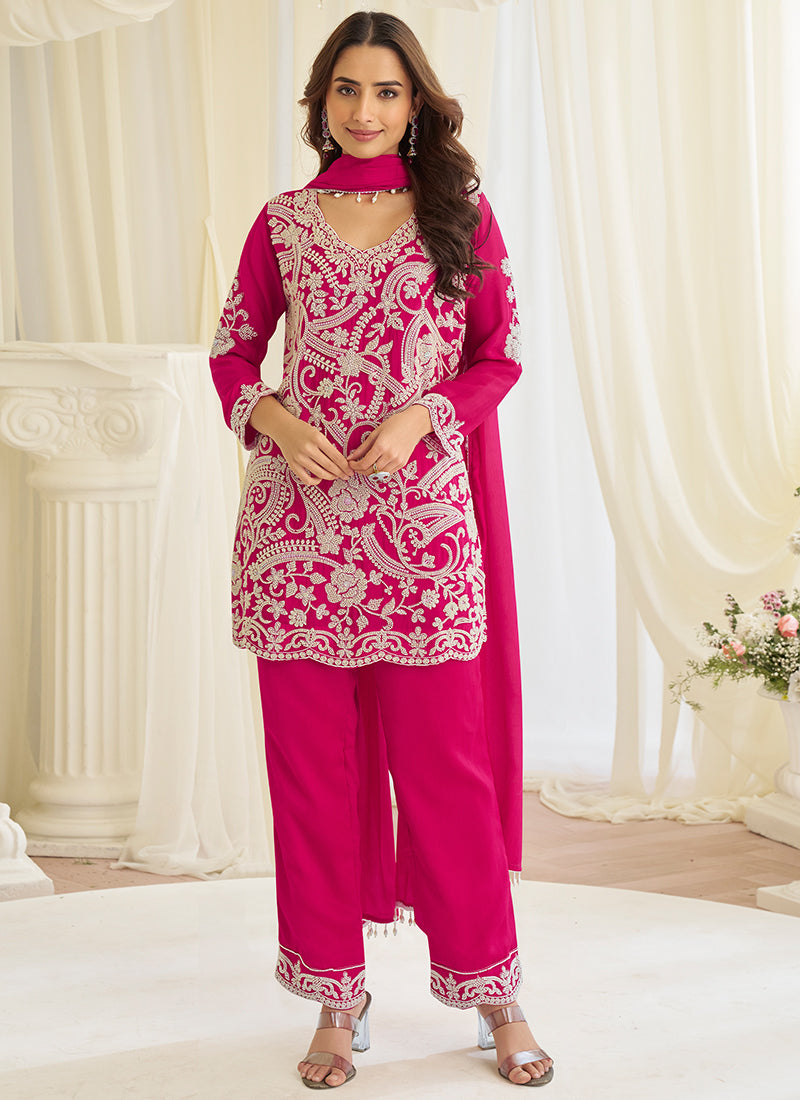 Rani Pink Premium Georgette Bead Work Festival Wear Readymade Plazzo Suit SW928678