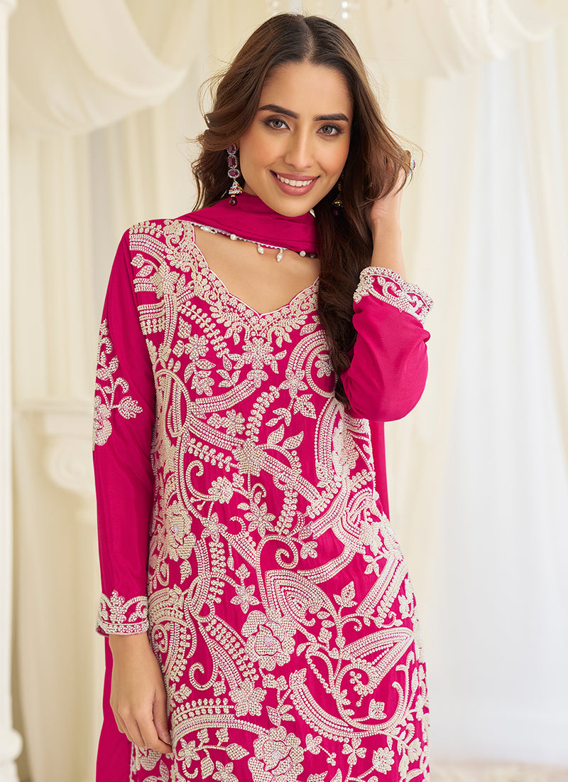 Rani Pink Premium Georgette Bead Work Festival Wear Readymade Plazzo Suit SW928678