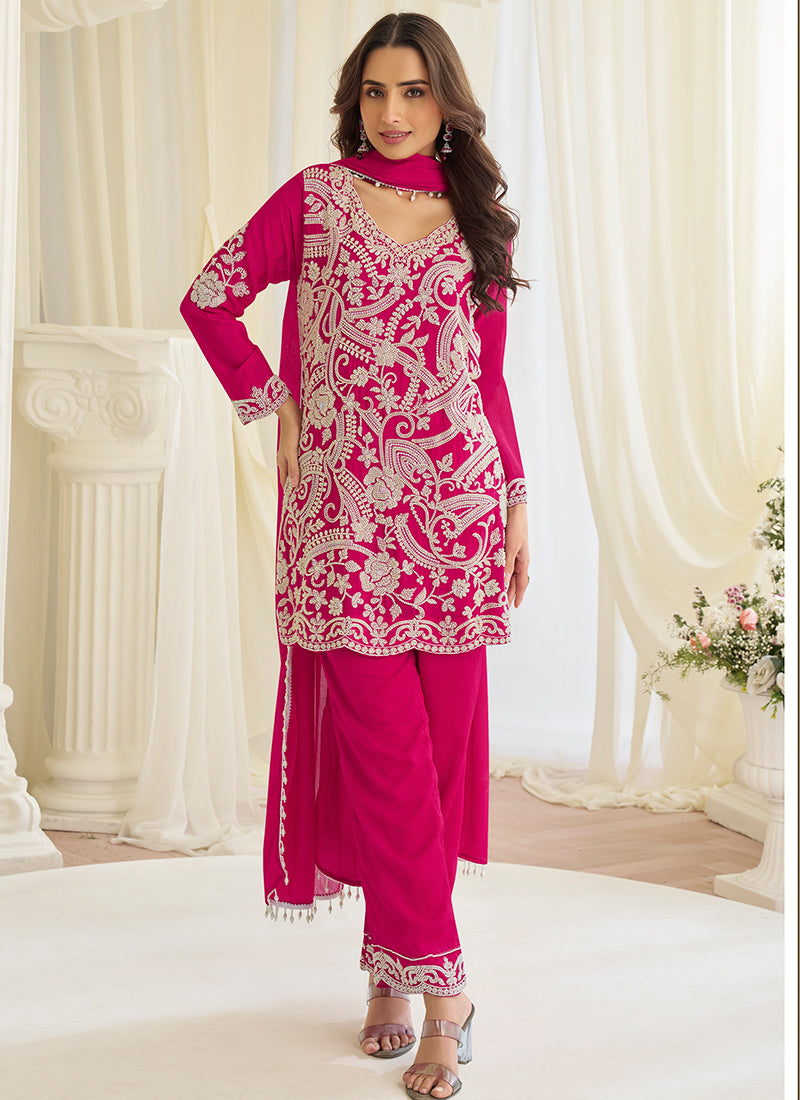 Rani Pink Premium Georgette Bead Work Festival Wear Readymade Plazzo Suit SW928678