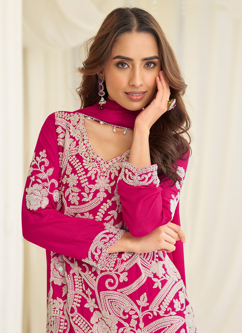 Rani Pink Premium Georgette Bead Work Festival Wear Readymade Plazzo Suit SW928678