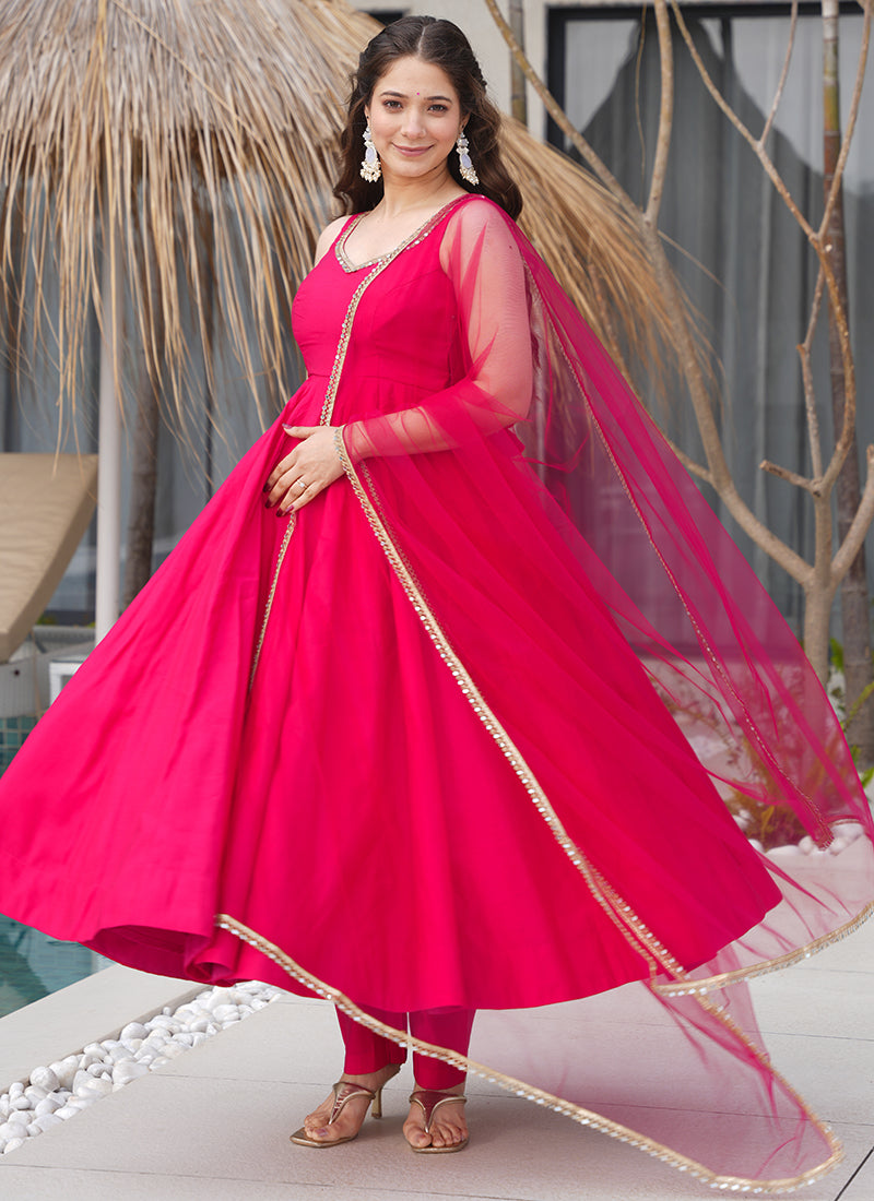 Pure Chanderi Rani Pink Party Wear Border Work Readymade Anarkali Suit