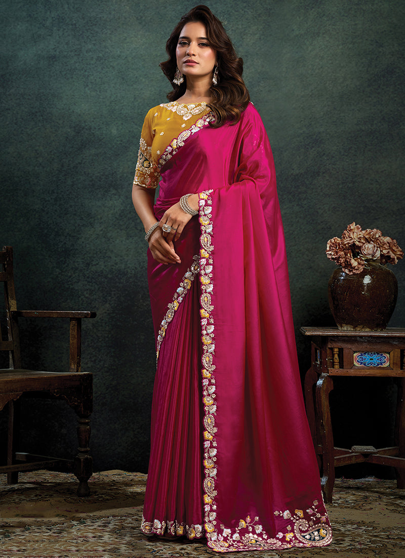 Satin Silk Rani Pink Party Wear Multi Thread Motif Embroidery Parties Saree 389016