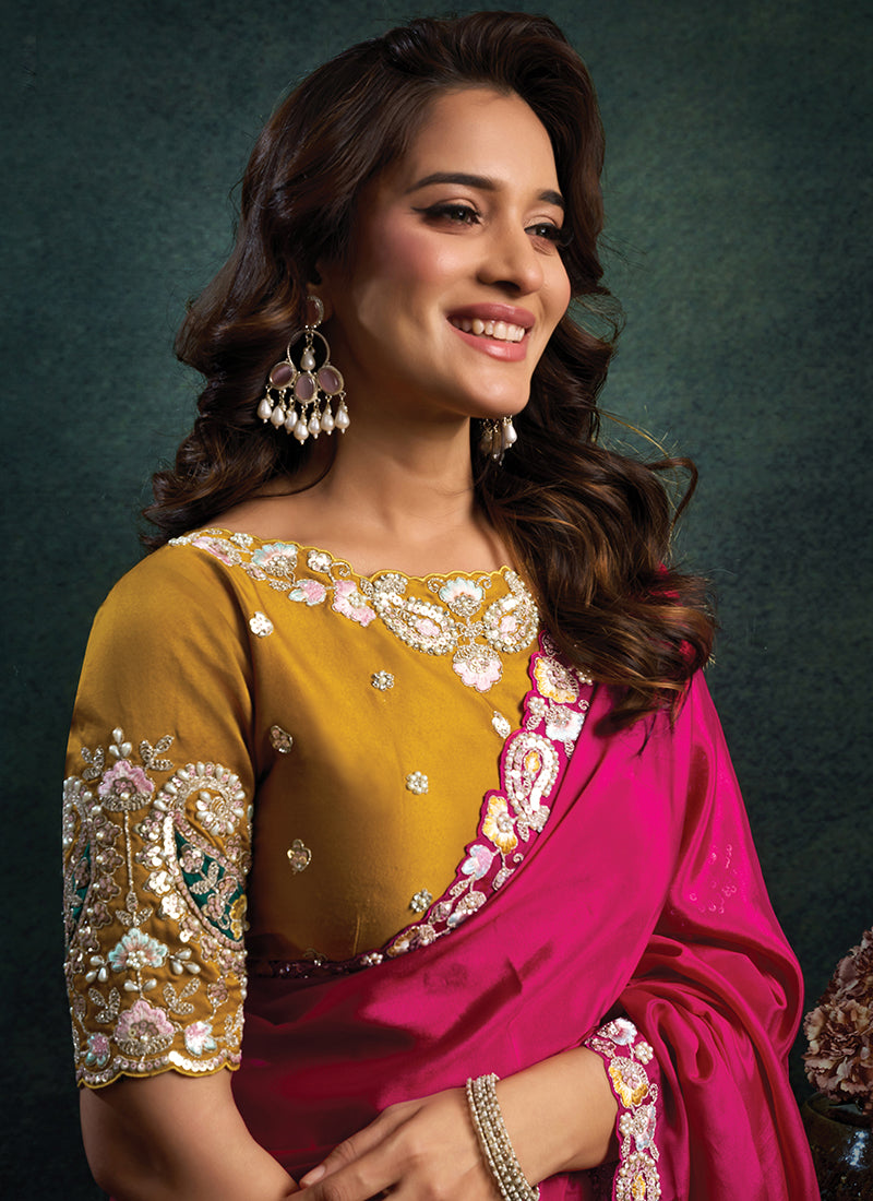 Satin Silk Rani Pink Party Wear Multi Thread Motif Embroidery Parties Saree 389016